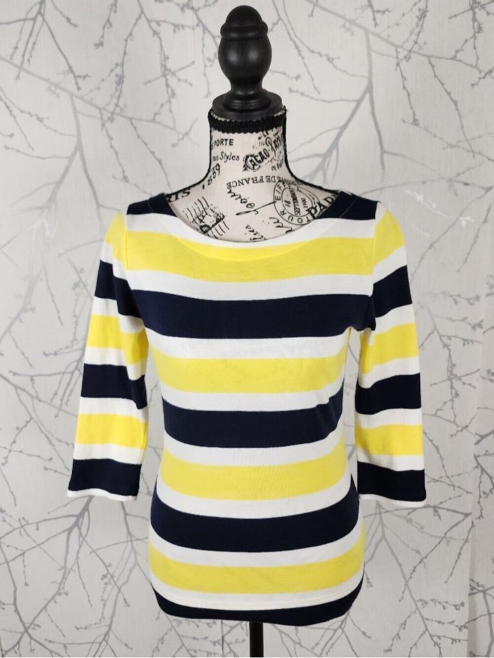 Lauren Ralph Lauren Yellow Stripe Cotton Jersey Boat Neck Top